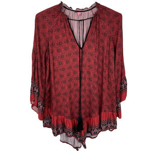 Farm Rio Tunic Top Size Small Red Floral Bohemian Flowy Ruffle Lagenlook Hippie